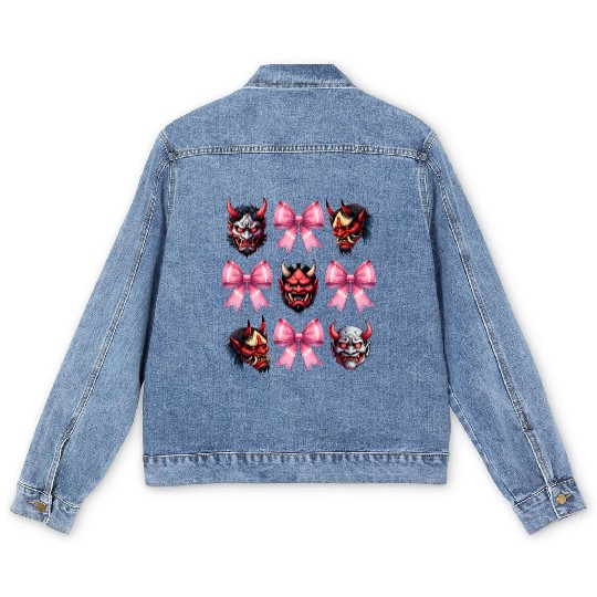 Coquette Bow Oni Yokai Devil Mask Pink Mothers Day Men's Denim Jackets
