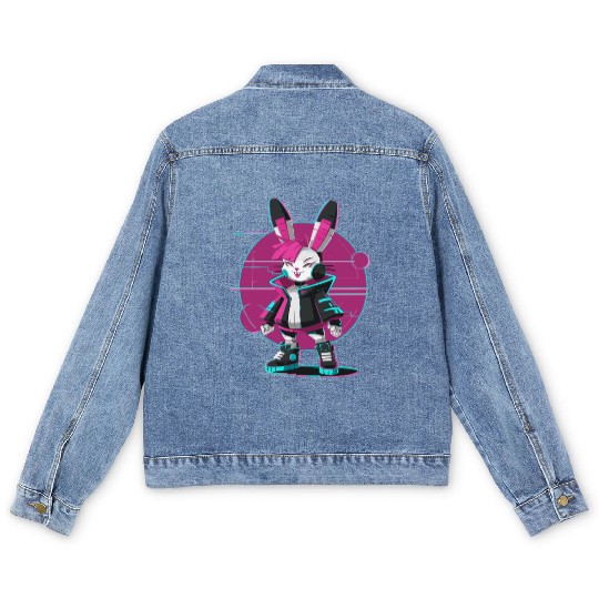 Cyber Bunny with Futuristic Style and Neon Colors Men's Denim Jackets