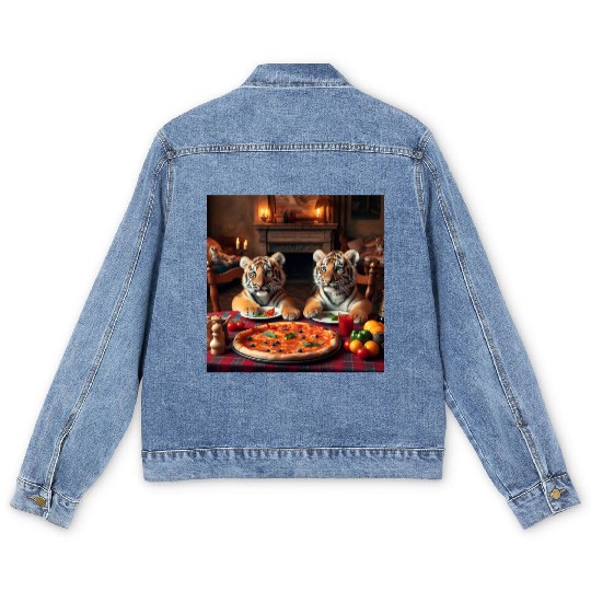 Tiger Cubs eating pizza Men's Denim Jackets