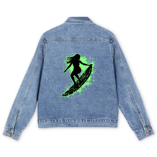 Stylish Female Surfer Surfing Waves Men's Denim Jackets