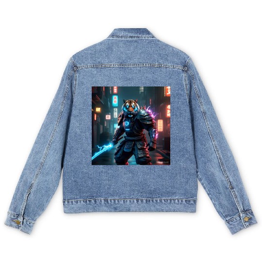 Fantastic warrior samurai tiger Men's Denim Jackets