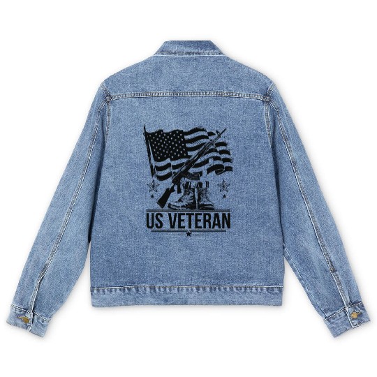 Patriotic US Veteran, American Flag and Rifle Men's Denim Jackets