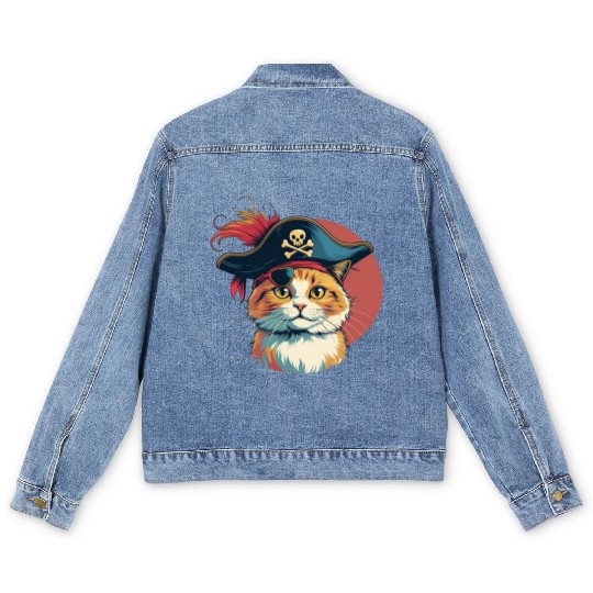 Whimsical PIRATE Cat Steals the Show Men's Denim Jackets