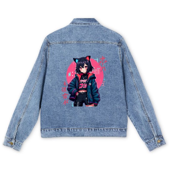 Cyberpunk Anime Girl with Cat Ears Neon Aesthetic Men's Denim Jackets