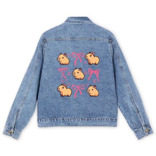 Cute Capybara with Pink Ribbon Bow Men's Denim Jackets