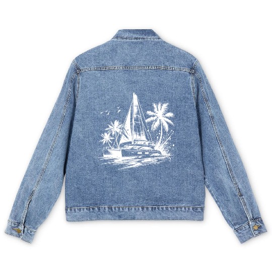 Double Hull Catamaran Sailing Boat Caribbean Palms Men's Denim Jackets
