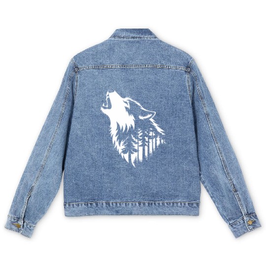 Howling Wolf & Forest Silhouette Men's Denim Jackets