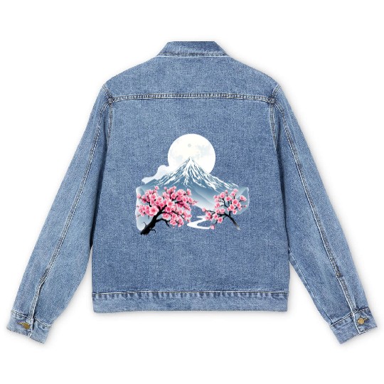 Japanese mount fuji Sakura tree Cherry blossom Men's Denim Jackets