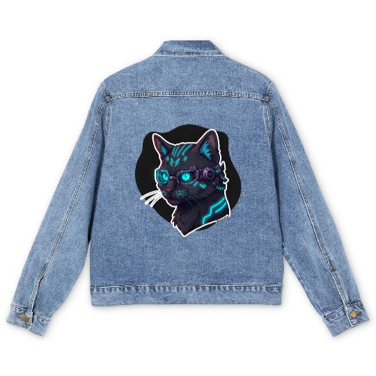 Badass Cat Cyberpunk – Neon Feline from the Future Men's Denim Jackets