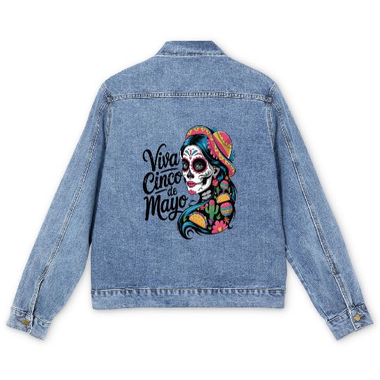 Cinco de Mayo Sugar Skull Girl Sombrero & Flowers Men's Denim Jackets