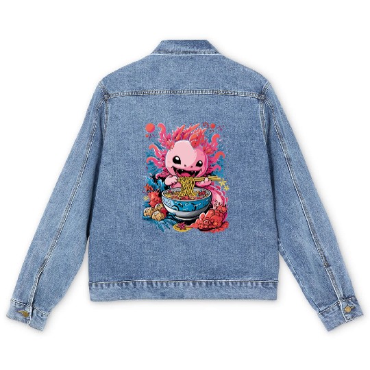 Cute Axolotl Enjoying Bowl of Ramen in Vibrant Men's Denim Jackets