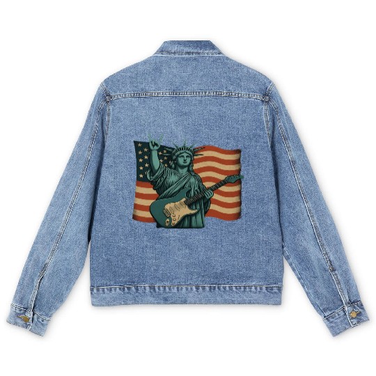 4th of July Statue Of Liberty Rock Guitar USA Flag Men's Denim Jackets