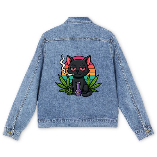 Cute Cat Smoking Weed Men's Denim Jackets