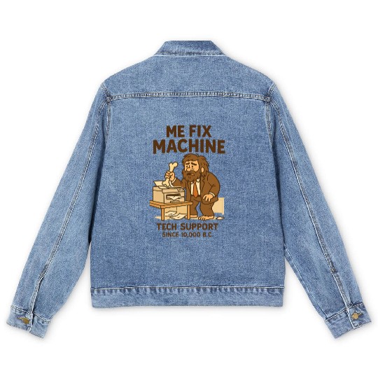 Office Tech Support Caveman Joke Daily Work Humor Men's Denim Jackets