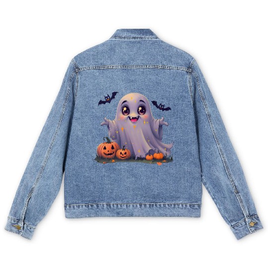 Adorable Rounded Ghost Cartoon Men's Denim Jackets.