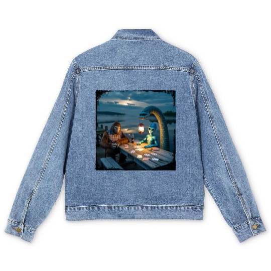 Cryptid Poker Night on Loch Ness - Bigfoot, Men's Denim Jackets