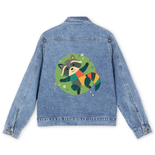 colorful raccoon lies relaxed in the green grass Men's Denim Jackets