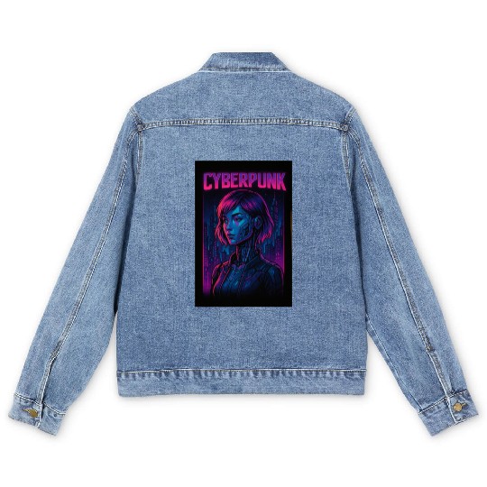 Cyberpunk Future: Neon Cityscape and Cyborg Men's Denim Jackets