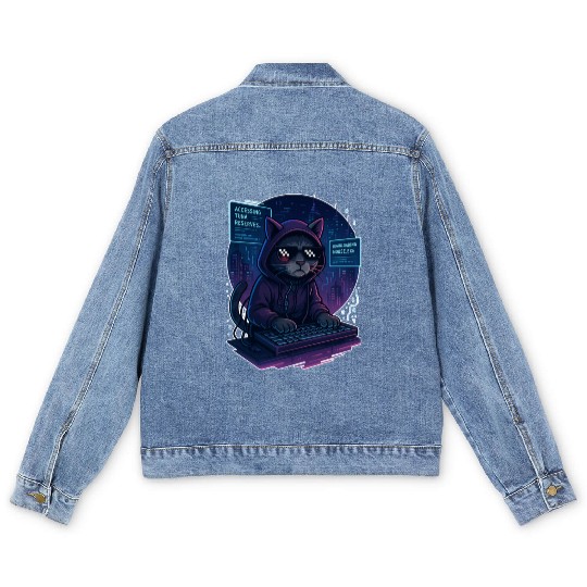 Cyberpunk Cat Hacker Men's Denim Jackets