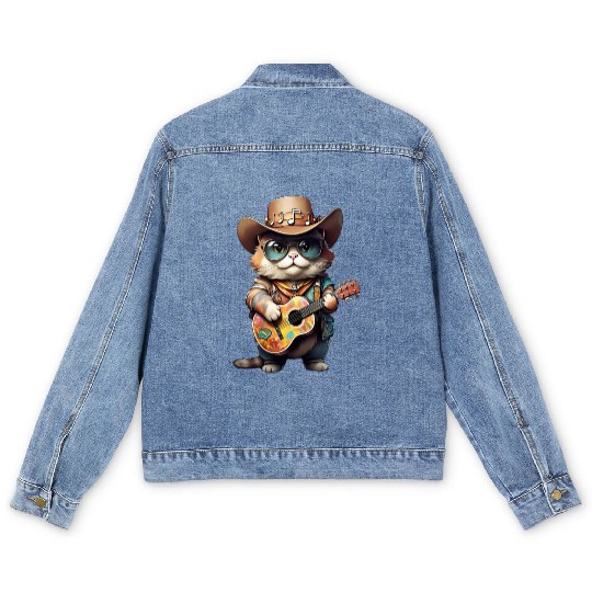 Festival Cat with Patterned Guitar Men's Denim Jackets