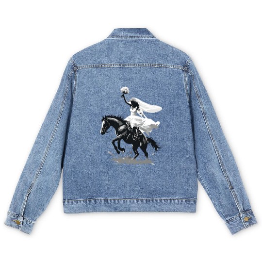 Western Cowgirl Bride on Bucking Horse – Grayscale Men's Denim Jackets