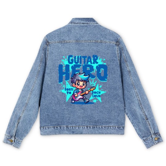 Guitar Hero Kid – Cute Rock Star Cartoon Men's Denim Jackets | Bor