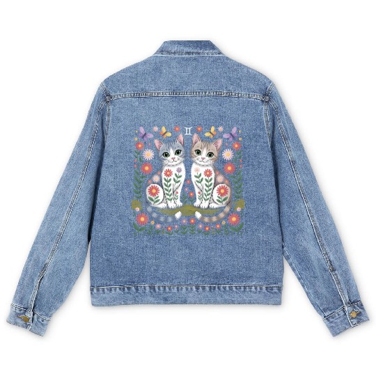 Gemini Zodiac Twin Cats Art Men's Denim Jackets