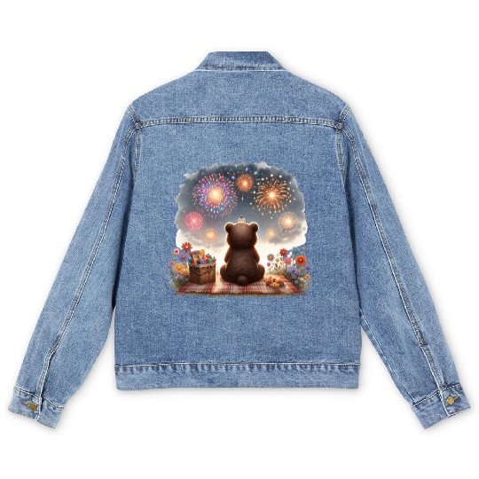 Fireworks Picnic Bear – Night Sky Celebration View Men's Denim Jackets