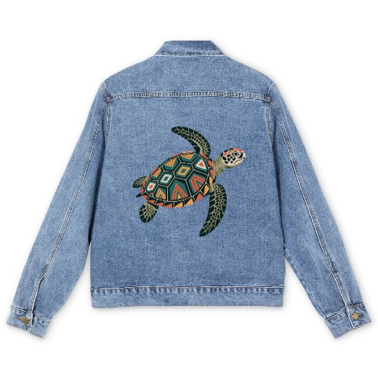 Sea Turtle Geometric Pattern Shell Men's Denim Jackets
