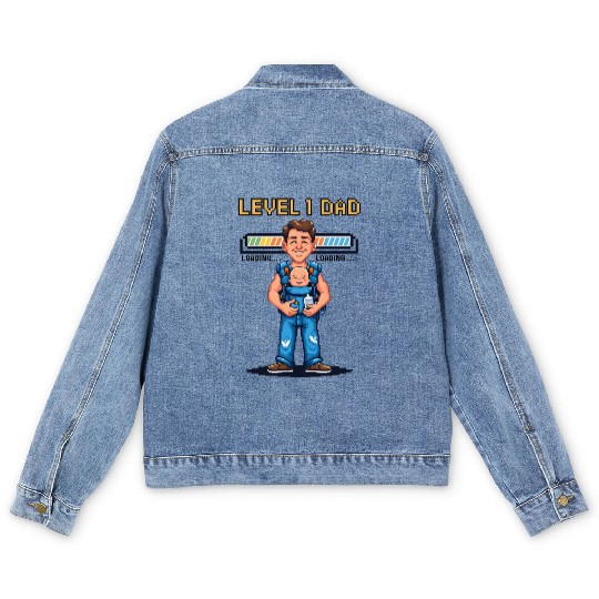 Funny Retro Gamer Dad Pixel Art Father's Day Gift Men's Denim Jackets