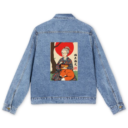 Older japanese mom sippin tea sitting with red fox Men's Denim Jackets