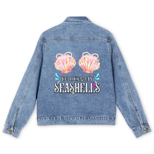 She likes my Seashells summer crusin couple love Men's Denim Jackets