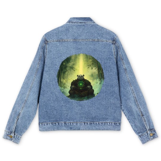 Meditating Panda Monk in a Glowing Bamboo Grove Men's Denim Jackets