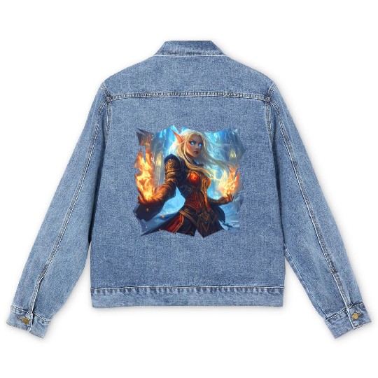 Fire Elf Sorceress with Blazing Spell Power Men's Denim Jackets