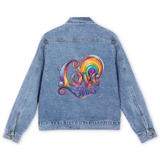 Love Wins Rainbow Script Men's Denim Jackets – Pride Month Men's Denim Jackets
