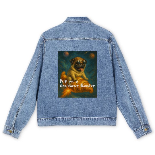 Pug on a Croissant Rocket Men's Denim Jackets