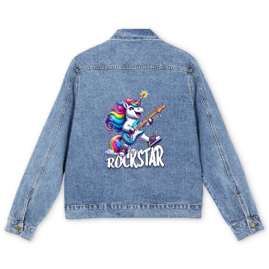Rockstar Unicorn Playing Rainbow Guitar Men's Denim Jackets
