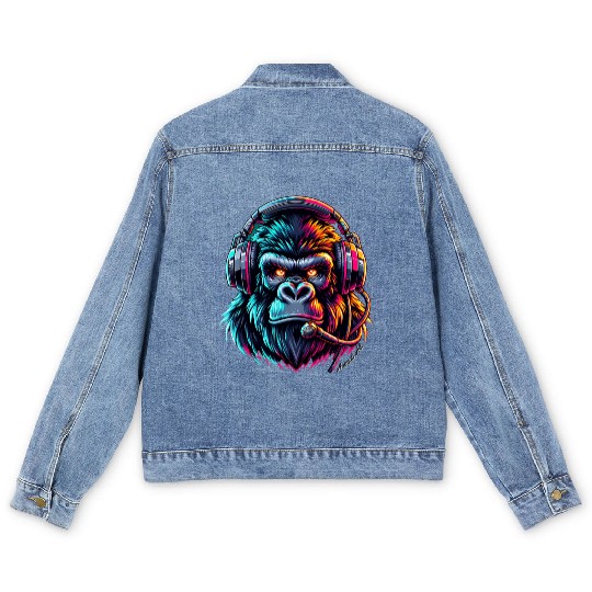 Animal Art Gorilla with Headphone Men's Denim Jackets