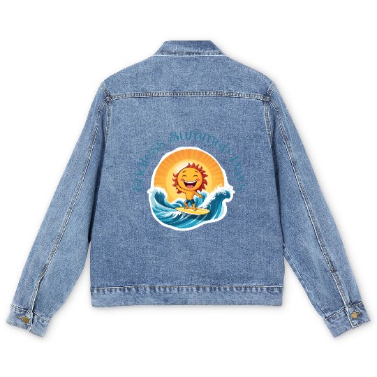 Cartoon Sun Surfing – Endless Summer Days. Men's Denim Jackets