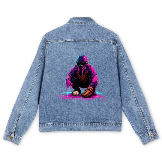 Neon Baseball Catcher Art Cool Vaporwave Sports Men's Denim Jackets