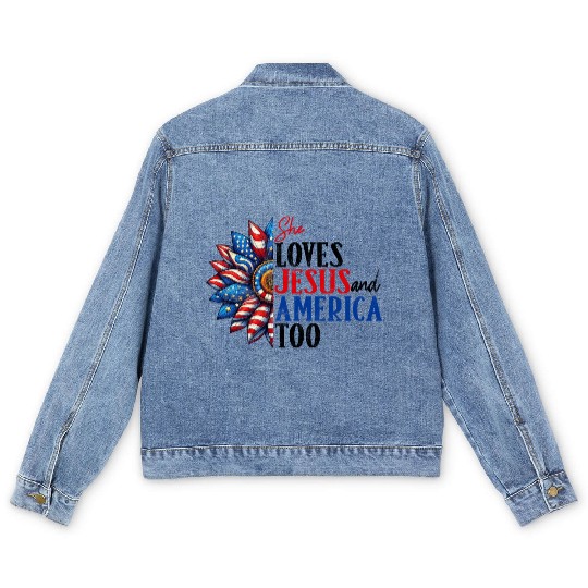 She Loves Jesus and America Too 4th of July Men's Denim Jackets