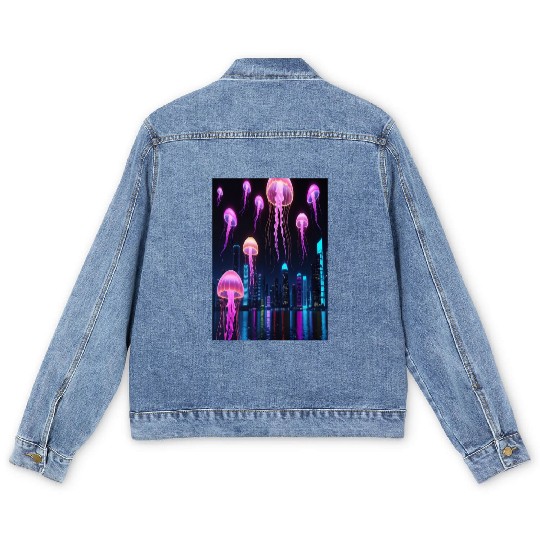 Neon Jellyfish Over Cyber City Men's Denim Jackets