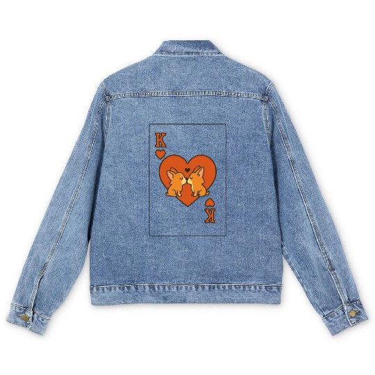 Du Du Corgi King of Hearts – Cute Poker Card Men's Denim Jackets
