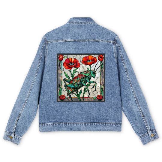 Grasshopper cricket stained glass poppy flower Men's Denim Jackets