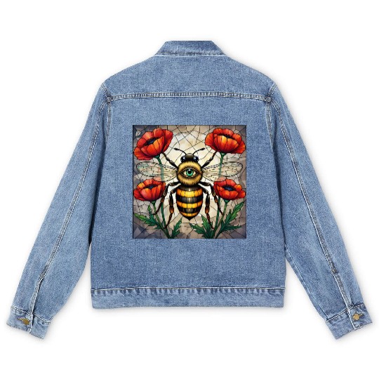 Bumble bee stained glass vibrant poppy flower eye Men's Denim Jackets