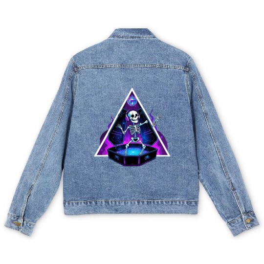 Neon Dancing Skeleton in Coffin Men's Denim Jackets