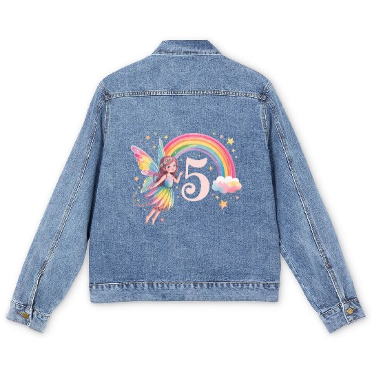 Magical Rainbow Fairy Elf 5th Birthday Girl Men's Denim Jackets