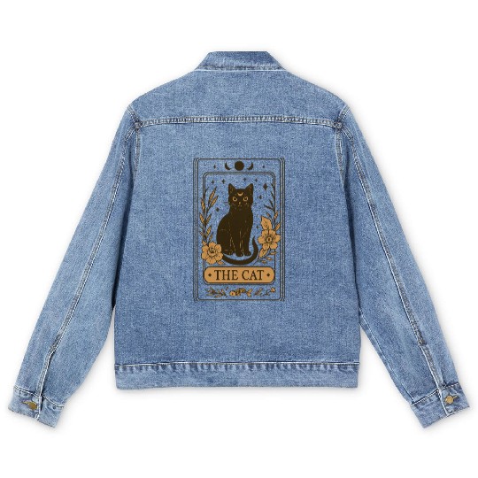 The Cat Tarot Card, Mystical Black Cat, Celestial Men's Denim Jackets
