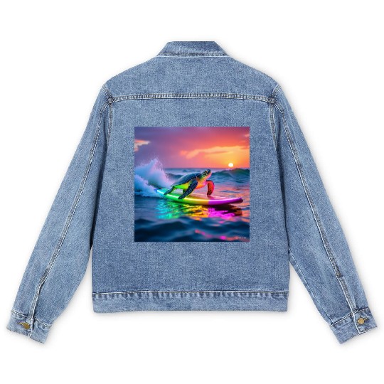 sea turtle design neon turtle Men's Denim Jackets