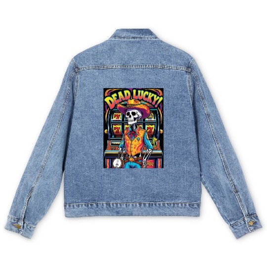 Dead Lucky – Neon Skeleton Cowboy at the Slots Men's Denim Jackets